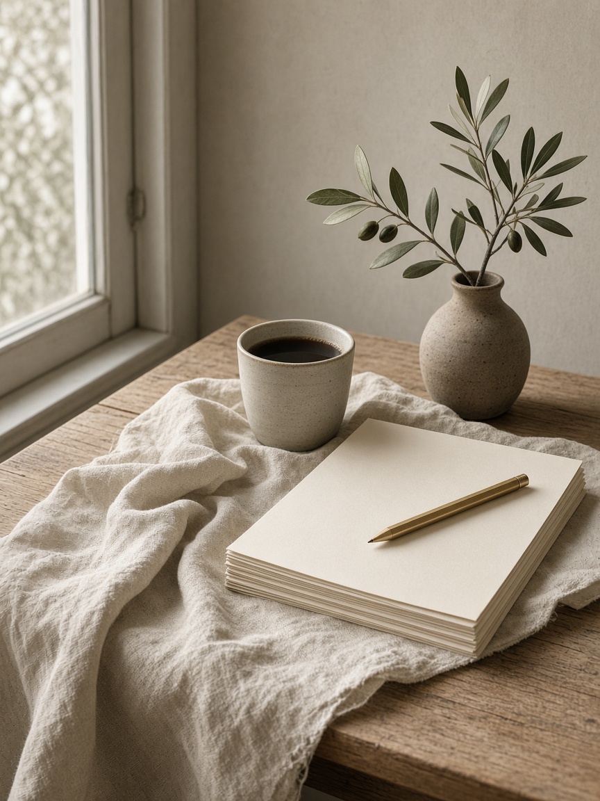 A studio table in overcast light: paper, coffee, a closed laptop