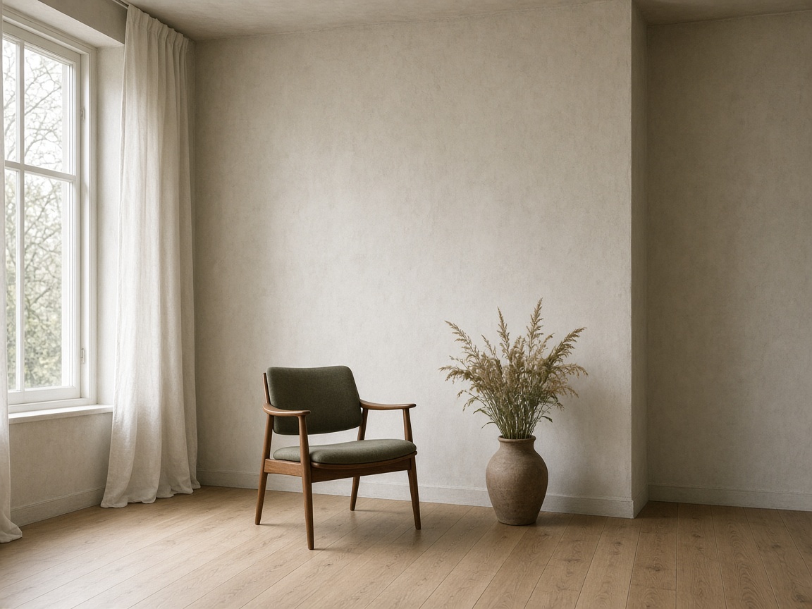 A finished pale room with a chair and daylight