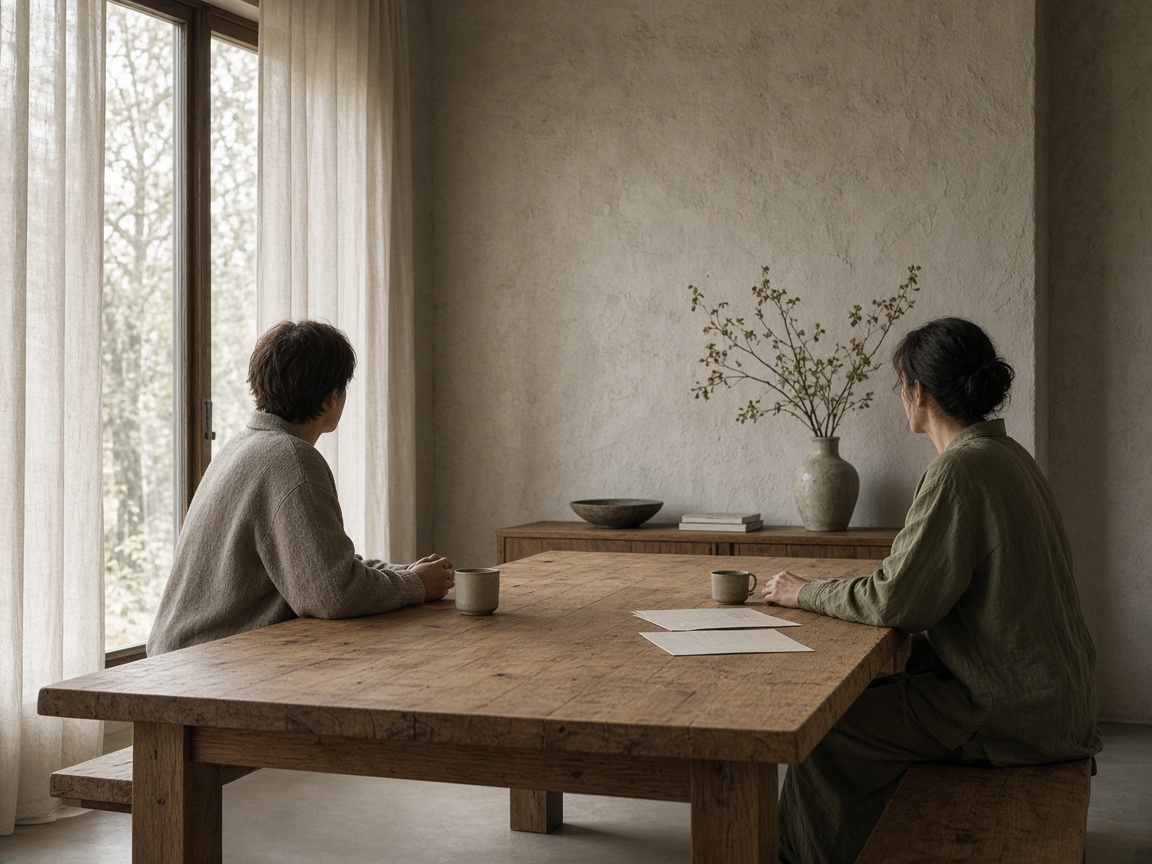 Two people in conversation at a long table, daylight from the windows